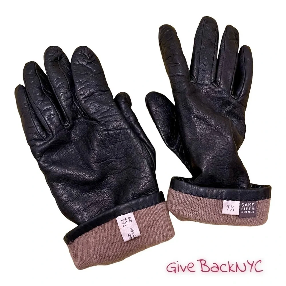 Vintage Saks Fifth Avenue Leather Cashmere Gloves Size 7.5
